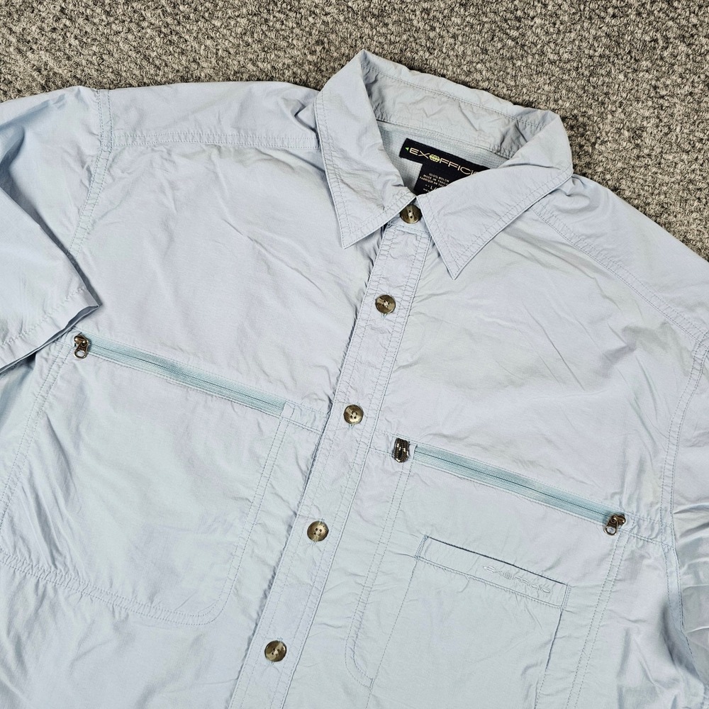 ExOfficio Ventilated Fishing Hiking Shirt Large Light Blue Nylon Short Sleeve